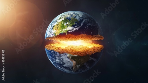 Fototapeta Naklejka Na Ścianę i Meble -  The image shows a planet split in half with a bright light shinning from the crack.
