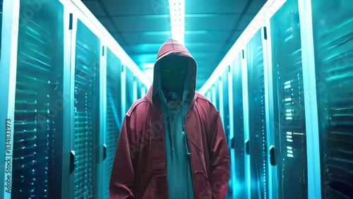 Anonymous hacker in a server room, unauthorized data download and privacy concern concept