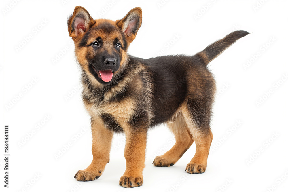 a happy German Shepherd puppy standing alert, looking forward with a playful expression, isolated on a white background. a happy German Shepherd puppy standing alert, looking forward with a playful expression, isolated on a white background.