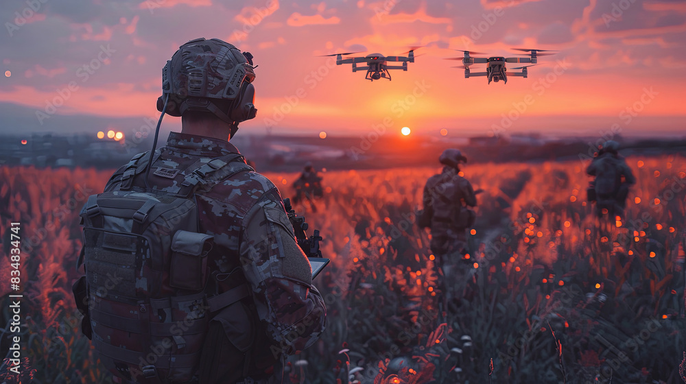 Soldiers with tactical gear operate drones against a backdrop of a dramatic sunset Soldiers with tactical gear operate drones against a backdrop of a dramatic sunset