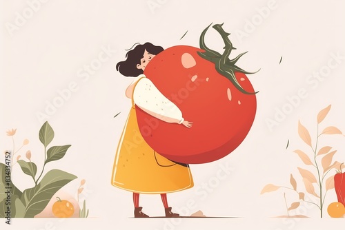 illustration of a woman character holding a big tomato with copy space