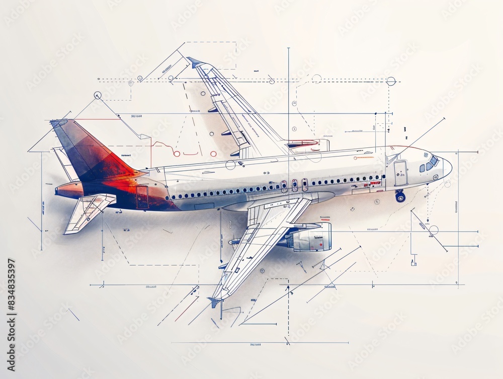 Airplane on blueprint with red and white tail Airplane on blueprint with red and white tail