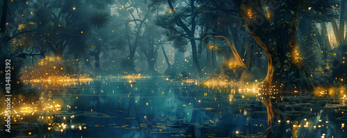Fantasy magical swamp with trees and glowing fireflies © zephyr_moonstone