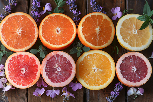 Variety of natural perfume ingredients including lavender, rose petals, and citrus fruits arranged on a wooden table photo