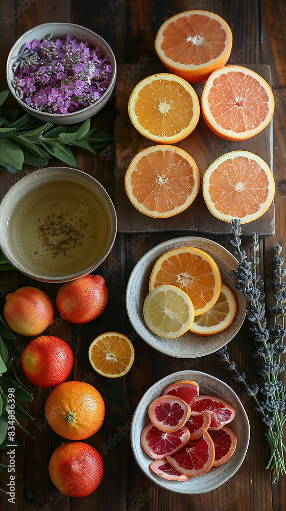 Variety of natural perfume ingredients including lavender, rose petals, and citrus fruits arranged on a wooden table Variety of natural perfume ingredients including lavender, rose petals, and citrus fruits arranged on a wooden table