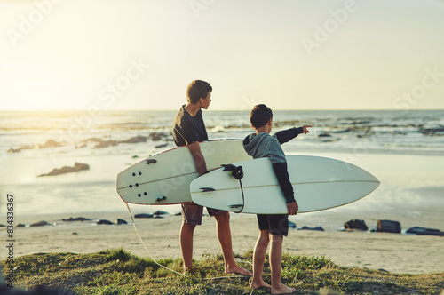 Photography Learning, surf and kids on beach with board for adventure on vacation, holiday or sport in water
