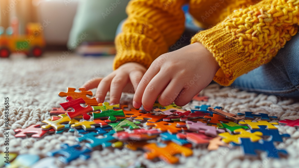 Child's hands playing with colorful puzzle pieces on the floor. Child's hands playing with colorful puzzle pieces on the floor.