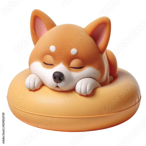 Dog sleeping on the back of a rubber ring 3D render 