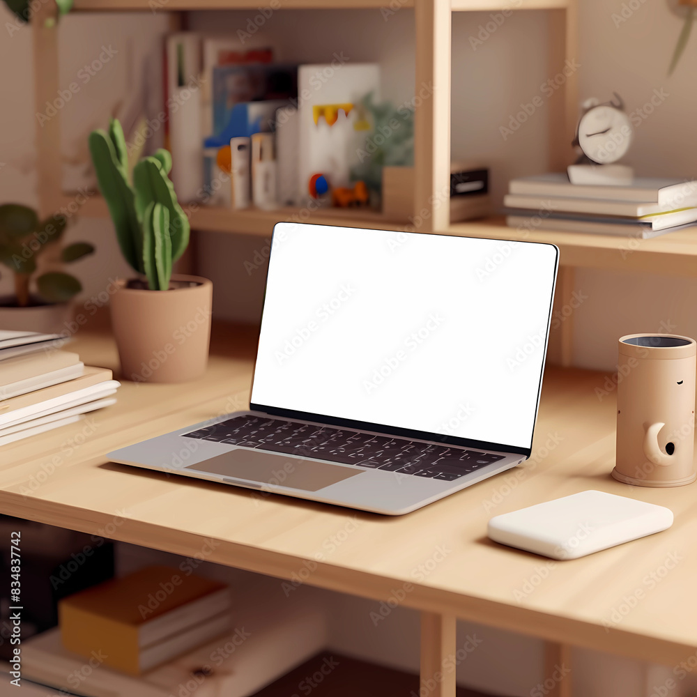 Fototapeta premium Laptop screen for mockup on desk, generated ai
