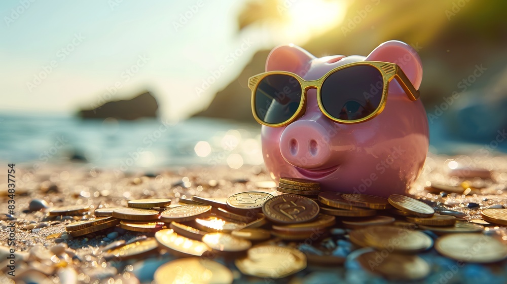 Pink piggy bank with sunglasses relaxing on a beach in summer next to gold coins