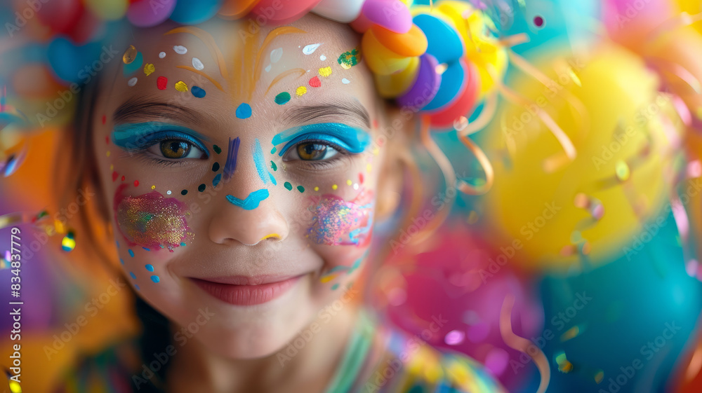 Girl with face paint wearing a colorful wreath, smiling. Girl with face paint wearing a colorful wreath, smiling.