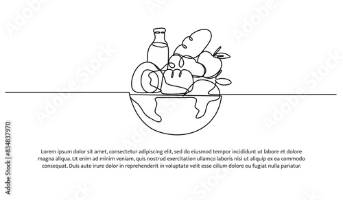 Continuous one line design of world security nutrition.Minimalist style vector illustration on white background.