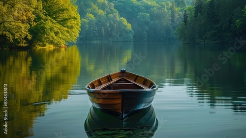 Rowing Boat on a Lake, Surrounded by Green Trees. Beautiful Peaceful Scene photo