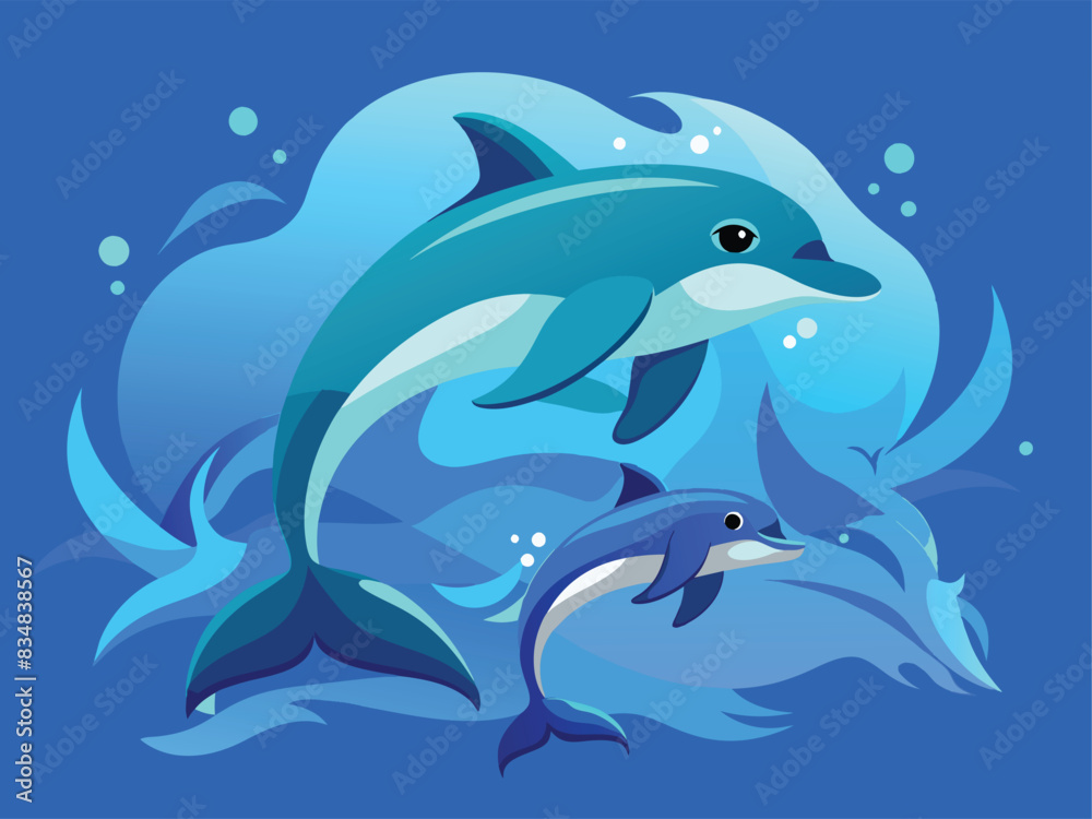 Cartoon drawing dolphins in the seascape-