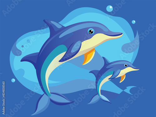 Cartoon drawing dolphins in the seascape-