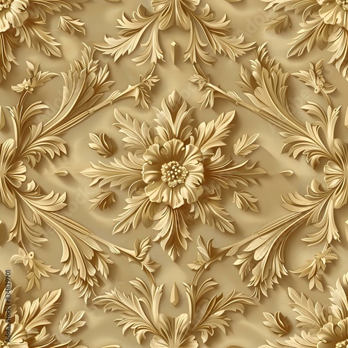 Golden 3D Floral Damask Seamless Pattern © duyina1990