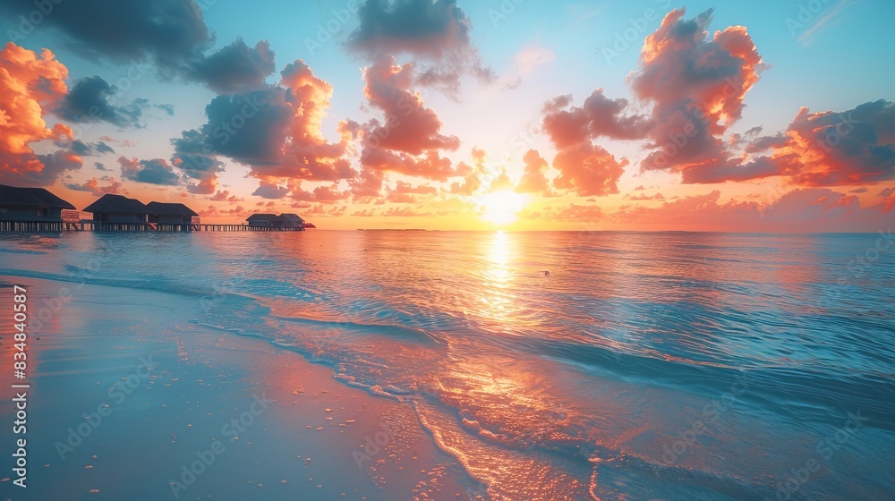 Sunset on Maldives island, luxury water villas resort and wooden pier