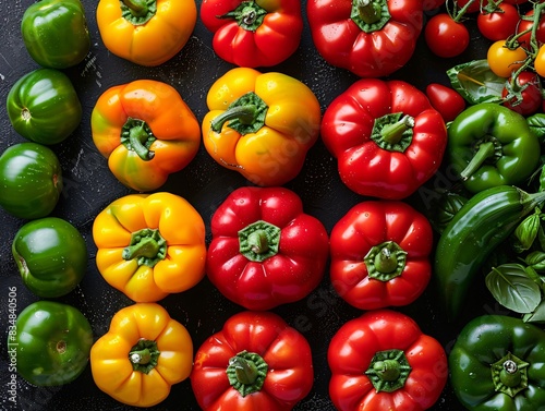 Variety of colorful peppers on table