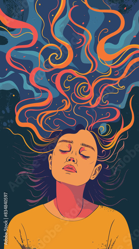 Young Woman Suffering from Mental Health Struggles: Depressed Girl Surrounded by Symptoms of Anxiety, Crisis, and Exhaustion, Vector Illustration