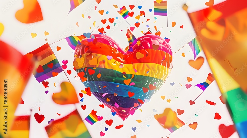 An illustration of a heart shape filled with the rainbow colors of the LGBTQ+ pride flag, surrounded by smaller pride flags waving in the background, set against a clean white background. Settings: