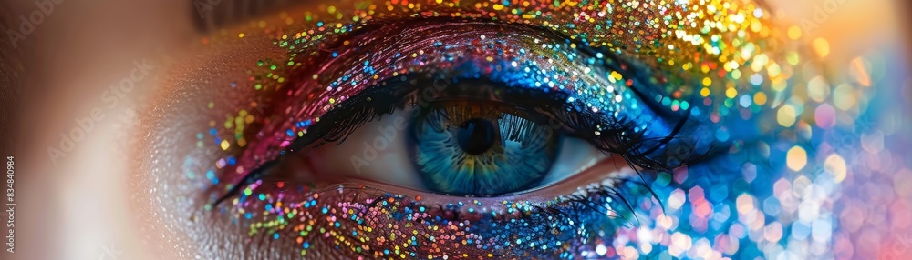 Close-up of a blue eye with colorful glitter makeup, reflecting light beautifully, showcasing an artistic and creative makeup style. Close-up of a blue eye with colorful glitter makeup, reflecting light beautifully, showcasing an artistic and creative makeup style.