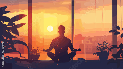 Young man meditating by window to maintain mental well-being and find inner peace through mindfulness