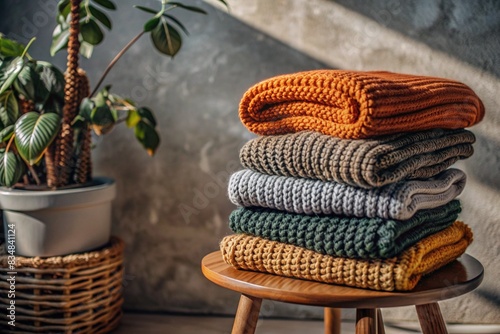 Close-up. Knitted warm clothes on a wooden stool in the room. Winter season  small business  handmade clothes.