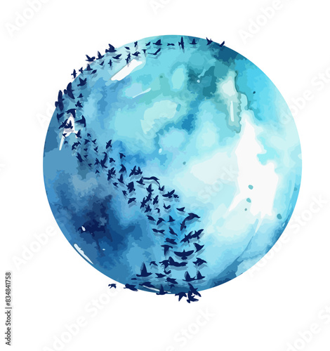 Blue planet with flying pigeons. Flock of flying birds. hand drawing. Not AI, Vector illustration