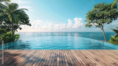 Empty wooden deck with swimming pool