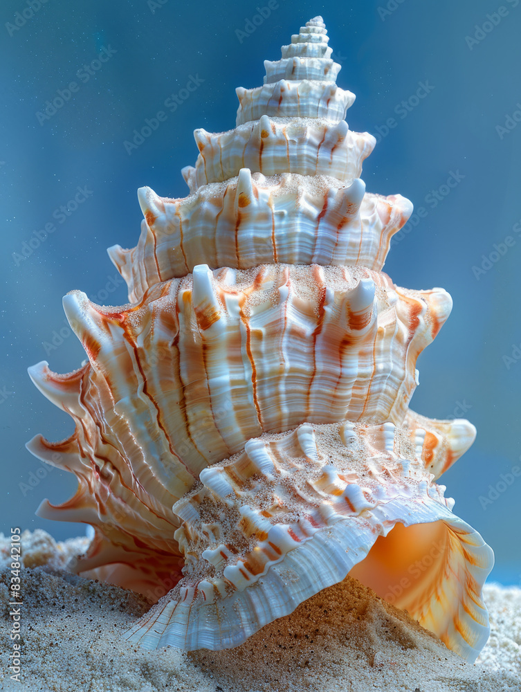 Obraz premium Close-up of a seashell on the sand with a blue background.