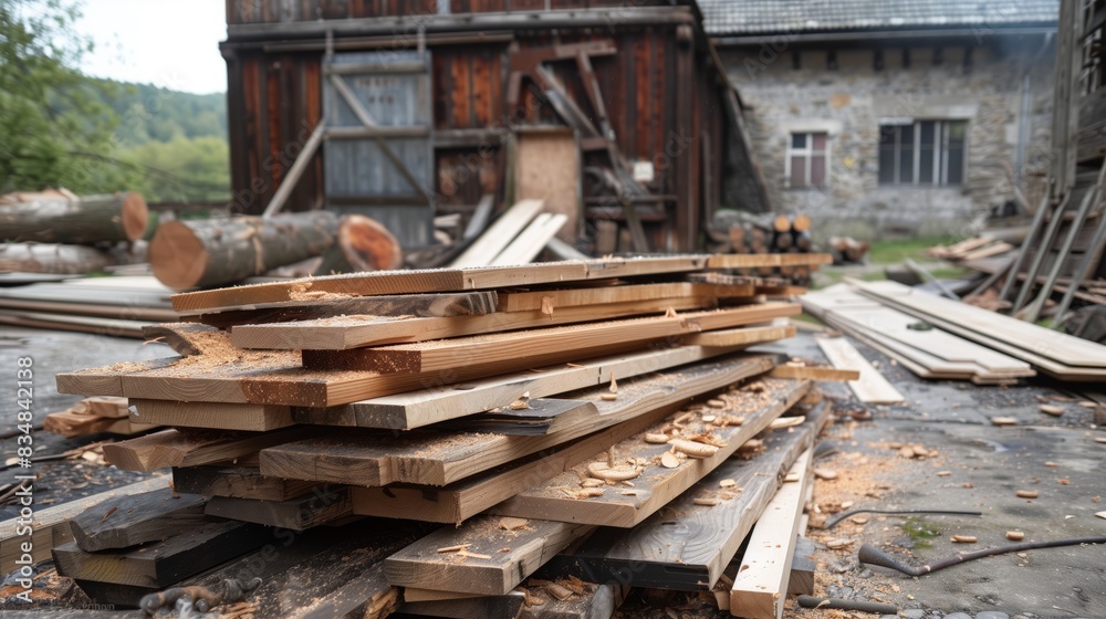 Unedged boards sit outside an old timber mill, amid sawdust and scattered logs, evoking past craftsmanship. Unedged boards sit outside an old timber mill, amid sawdust and scattered logs, evoking past craftsmanship.