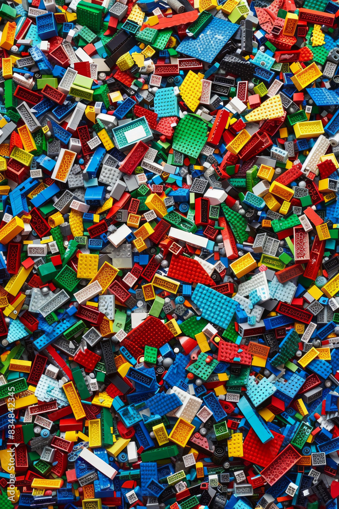 A chaotic yet colorful jumble of toy bricks, tightly packed to fill the entire frame. The bricks come in various sizes and an array of colors including red, blue, green, yellow, and white, A chaotic yet colorful jumble of toy bricks, tightly packed to fill the entire frame. The bricks come in various sizes and an array of colors including red, blue, green, yellow, and white,