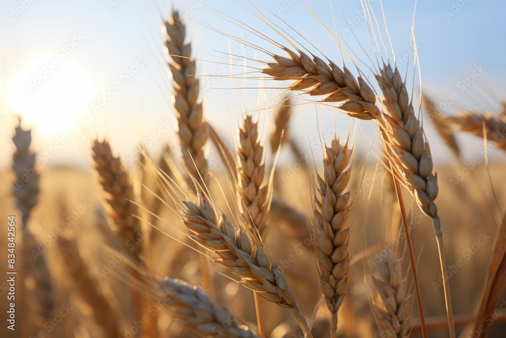 Harvest Time: A Close-Up Of Ripe Wheat Ears Against A Sunset Sky. Generative AI Harvest Time: A Close-Up Of Ripe Wheat Ears Against A Sunset Sky. Generative AI