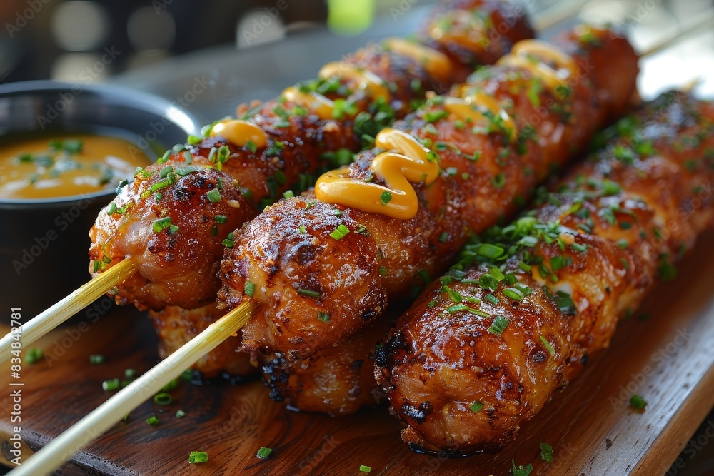 Corn Dog - Corn dog with a crispy coating and a side of mustard. Corn Dog - Corn dog with a crispy coating and a side of mustard.