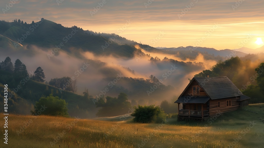 Mountain sunrise, mist over hills, quaint cabin in the foreground; a tranquil, picture-perfect scene. Mountain sunrise, mist over hills, quaint cabin in the foreground; a tranquil, picture-perfect scene.