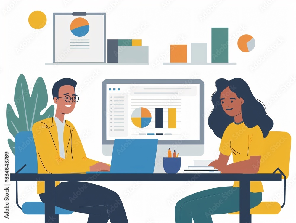 Two individuals at a work table with a laptop and screen Two individuals at a work table with a laptop and screen