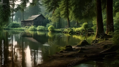Retaining the Essence: A Lake in the Forest with a Forgotten Cabin. Concept Nature, Memories, Tranquility, Abandonment, Serenity photo