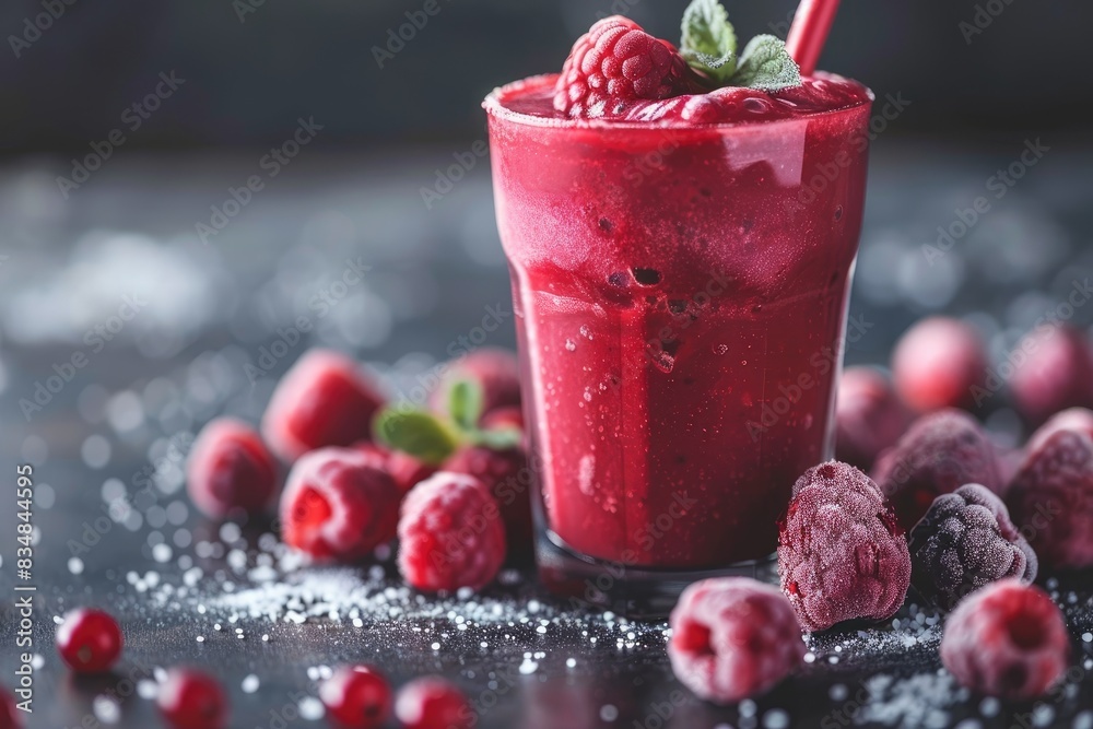 A refreshing raspberry and blackberry smoothie garnished with mint, a drink ideal for summer days and health A refreshing raspberry and blackberry smoothie garnished with mint, a drink ideal for summer days and health
