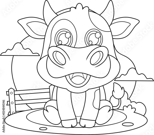 Outlined Cute Baby Cow Animal Cartoon Character Vector Hand Drawn Illustration Isolated On Transparent Background