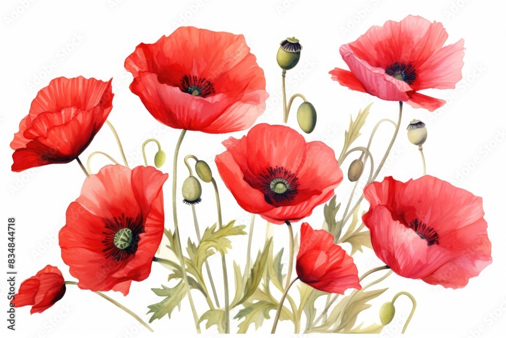 Fototapeta premium Watercolor painting of red poppies on white background.