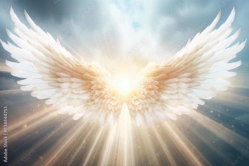Fototapeta premium Angel wings in the sky with sun rays