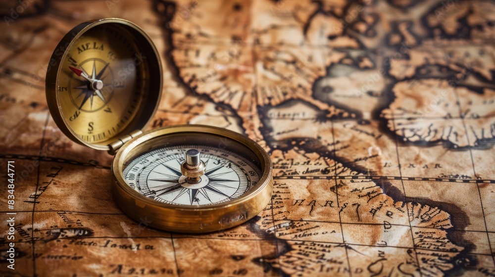 Vintage compass lies on an ancient world map.