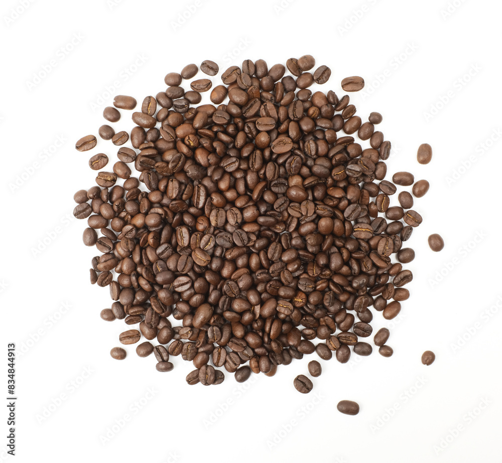 Pile of roasted coffee beans isolated on white, top view Pile of roasted coffee beans isolated on white, top view