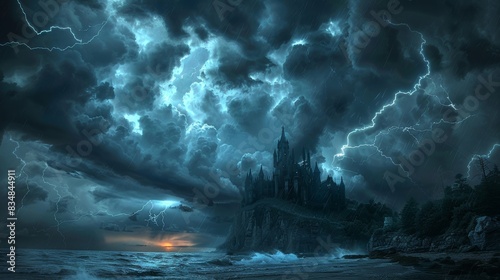 Dark clouds rolling in  lightning flashing  thunder roaring  distant looming castle  perfect horror movie backdrop