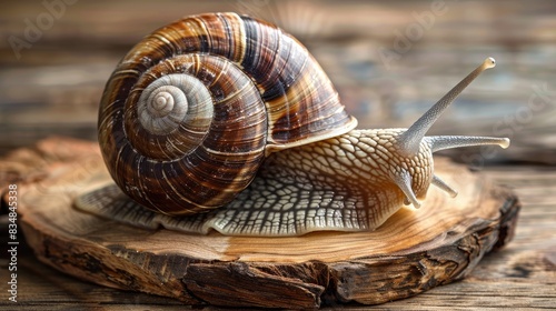 Big snail in shell up close moving on wooden board