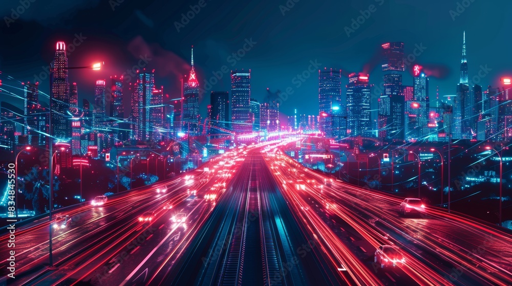 Futuristic urban landscape with autonomous vehicles, digital communication lines, hightech infrastructure, smart city integration, seamless transportation system