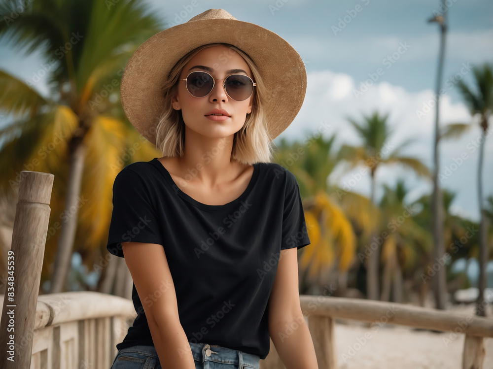 Fototapeta premium Young woman in black shirt and straw hat enjoying a sunny day at the beach