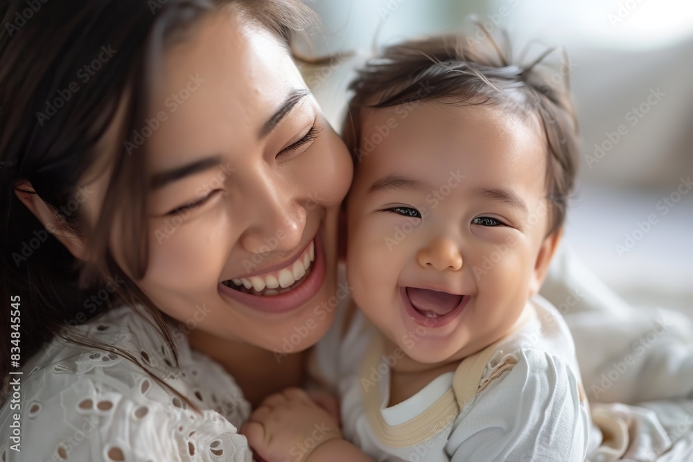 Loving mother hugs a little baby at home. Pretty woman holding cuddling newborn child in her arms, laughing with him. Happy family smiling together. Asian mom carrying kissing small infant on hands. Loving mother hugs a little baby at home. Pretty woman holding cuddling newborn child in her arms, laughing with him. Happy family smiling together. Asian mom carrying kissing small infant on hands.