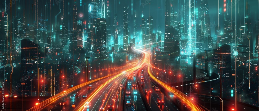 Futuristic urban landscape with smart highways and autonomous vehicles, digital network overlays, hightech infrastructure, seamless integration, night cityscape