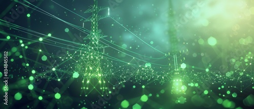 Futuristic power lines with digital connections, abstract green background showcasing technology and energy, high voltage transmission towers